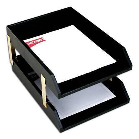 Dacasso Classic Black Leather Double Legal Trays with Gold Posts AG-1021